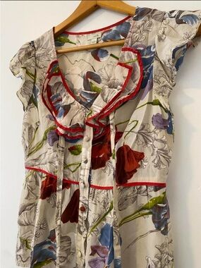 Anthropologie Odille Women’s Silk Floral Ruffle Button-Front Blouse Top size 4